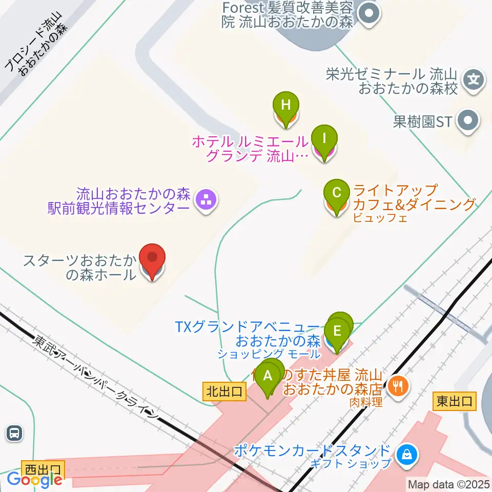 スターツおおたかの森ホール周辺のファミレス・ファーストフード一覧地図