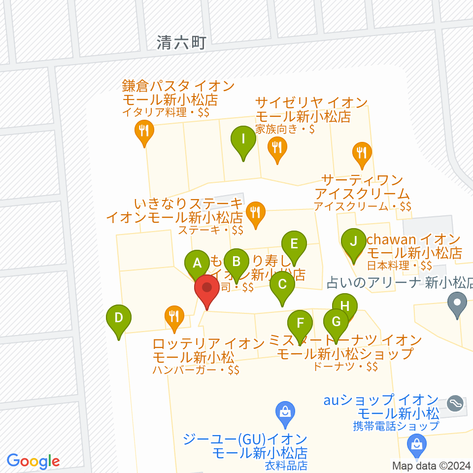 イオンシネマ新小松周辺のファミレス・ファーストフード一覧地図