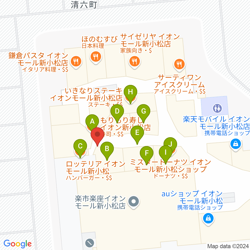 イオンシネマ新小松周辺のファミレス・ファーストフード一覧地図