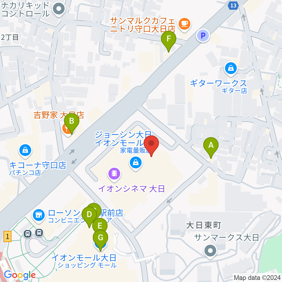 イオンシネマ大日周辺のファミレス・ファーストフード一覧地図