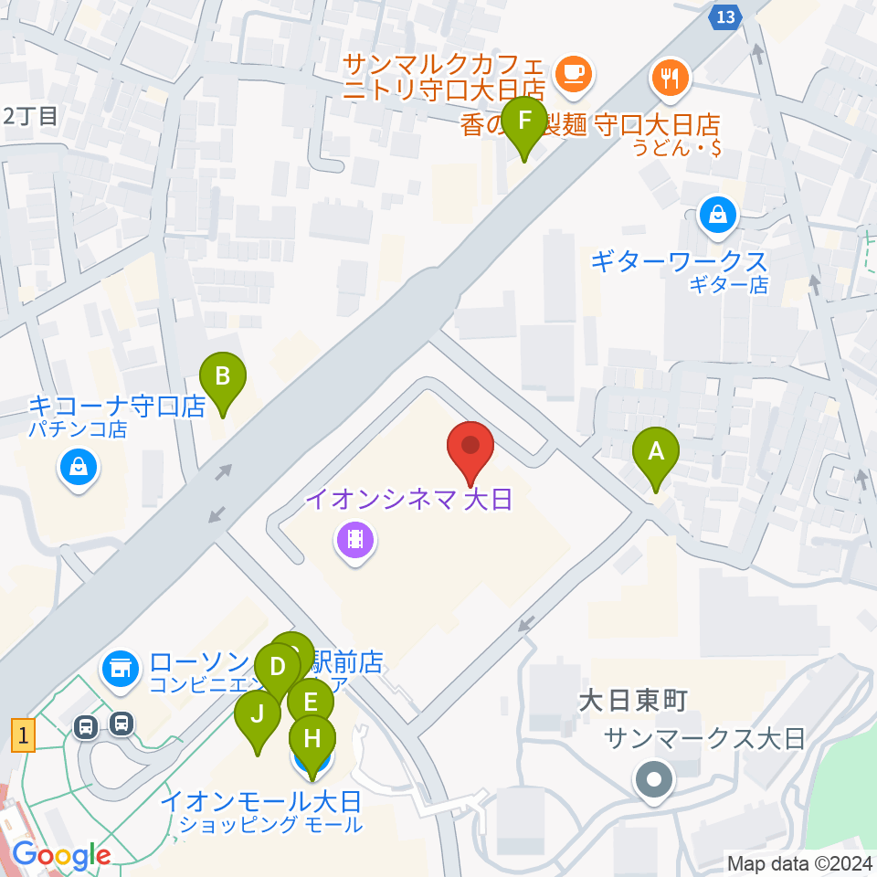 イオンシネマ大日周辺のファミレス・ファーストフード一覧地図