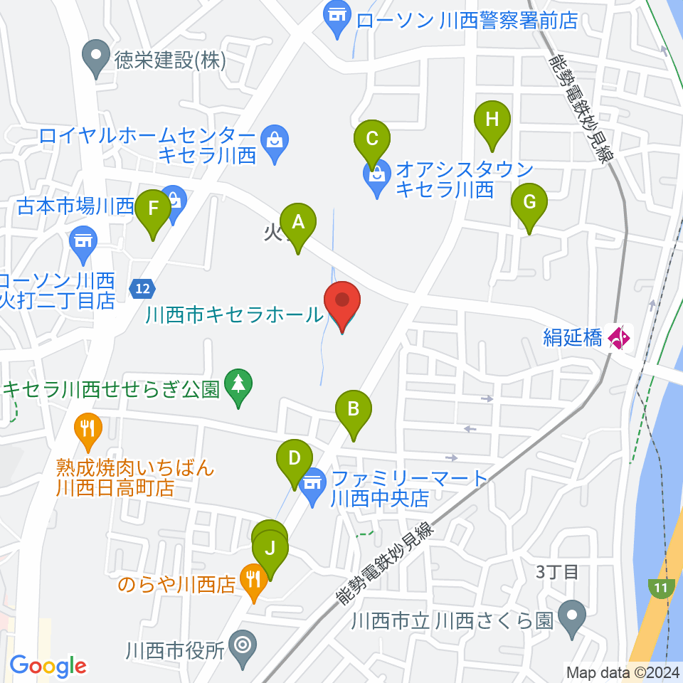 川西市キセラホール周辺のファミレス・ファーストフード一覧地図