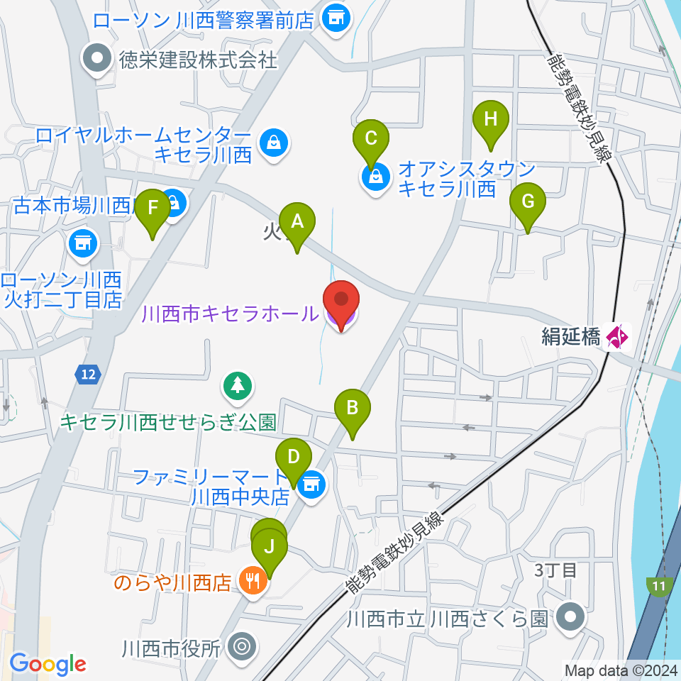 川西市キセラホール周辺のファミレス・ファーストフード一覧地図