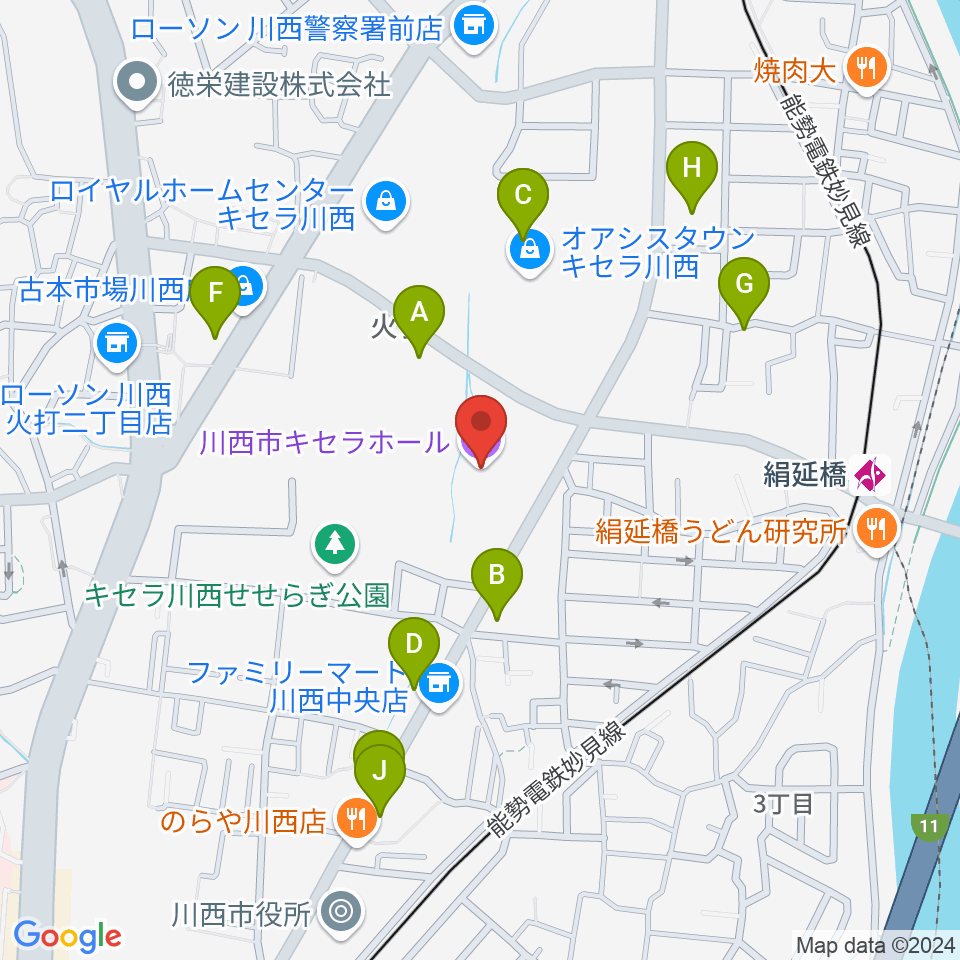 川西市キセラホール周辺のファミレス・ファーストフード一覧地図