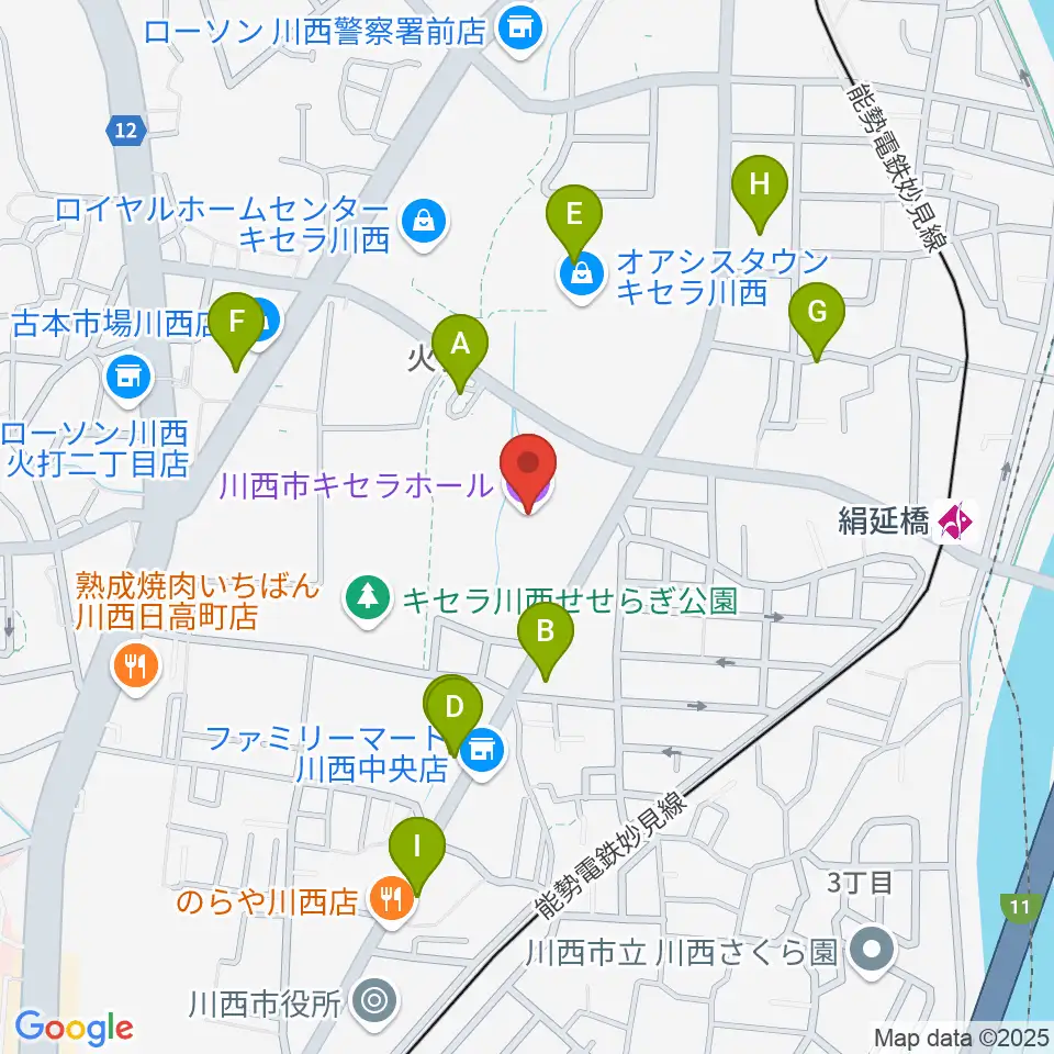 川西市キセラホール周辺のファミレス・ファーストフード一覧地図