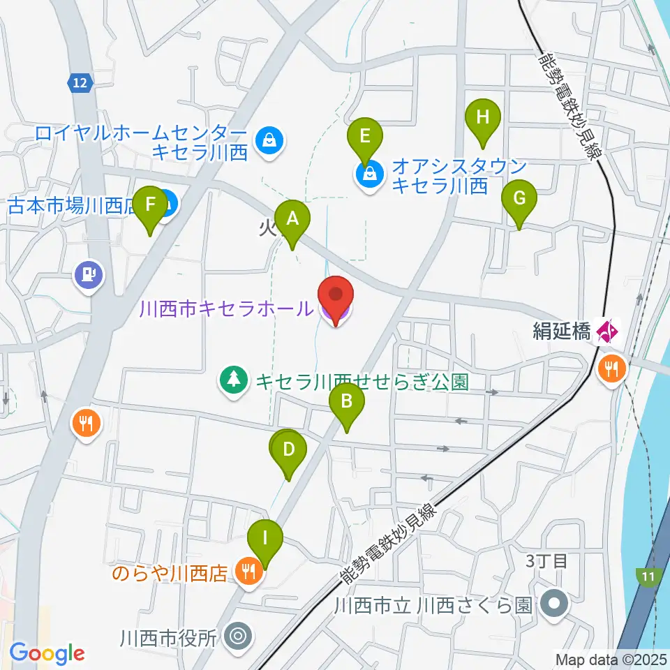 川西市キセラホール周辺のファミレス・ファーストフード一覧地図