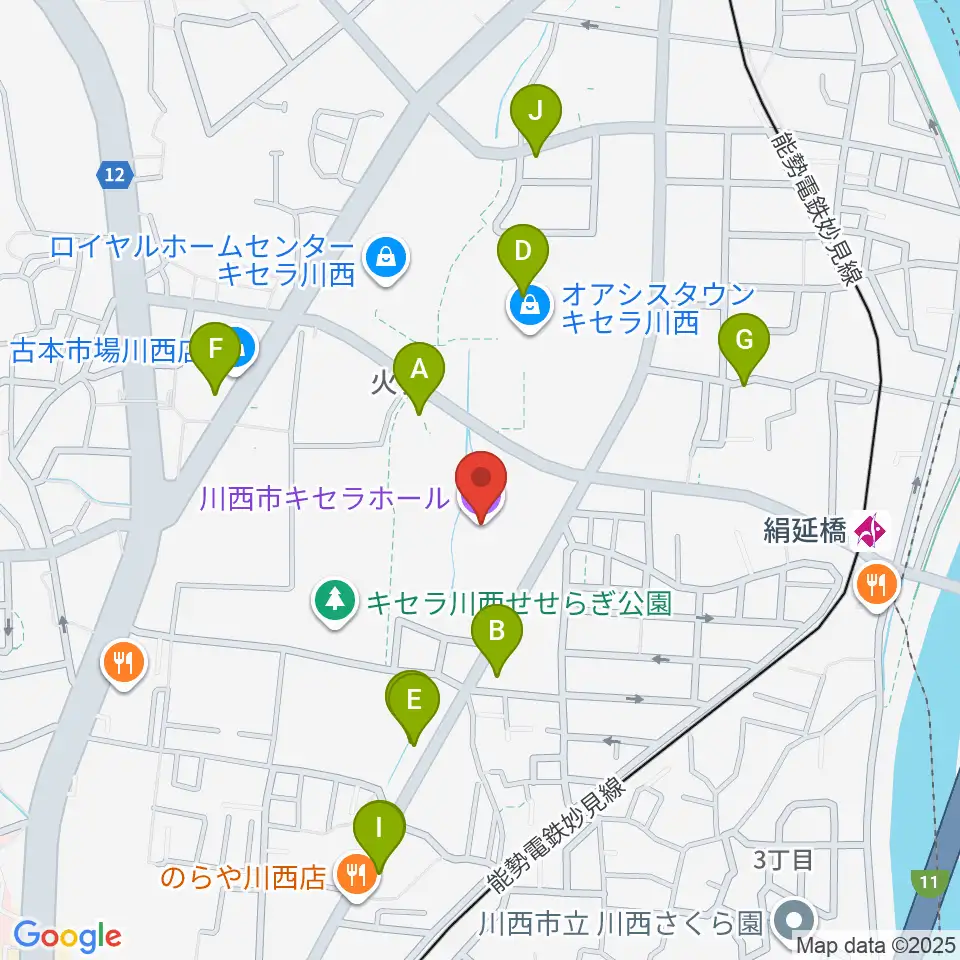 川西市キセラホール周辺のファミレス・ファーストフード一覧地図