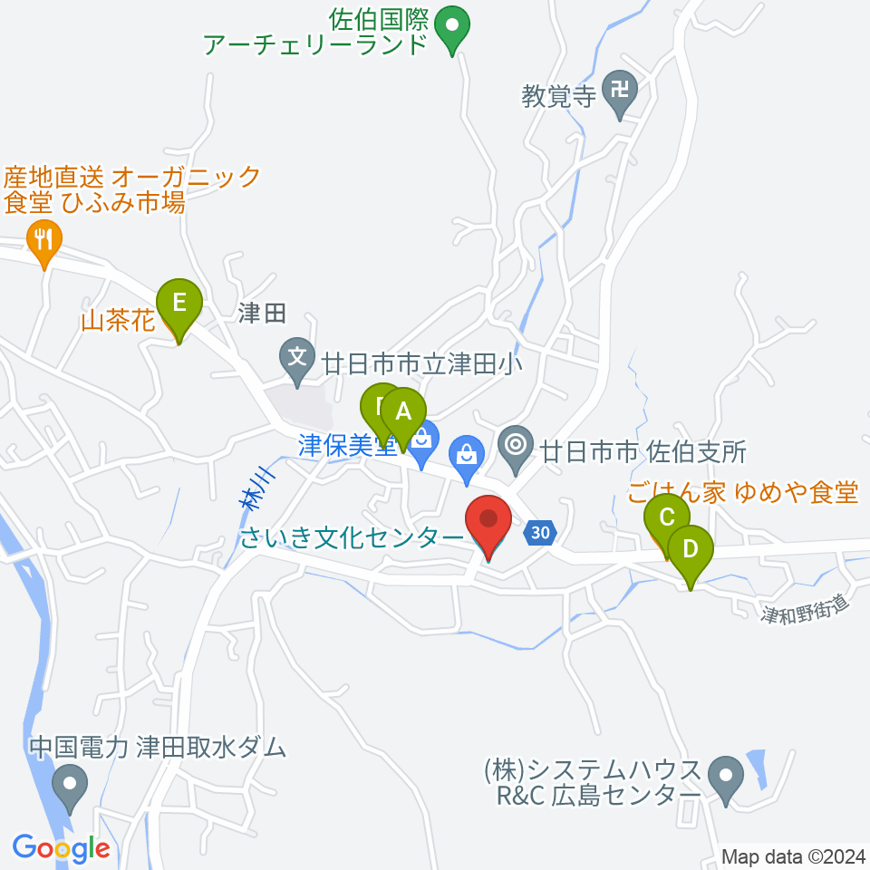 廿日市市さいき文化ホール周辺のファミレス・ファーストフード一覧地図