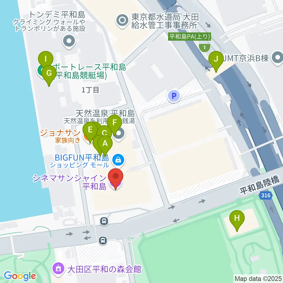 シネマサンシャイン平和島周辺のファミレス・ファーストフード一覧地図