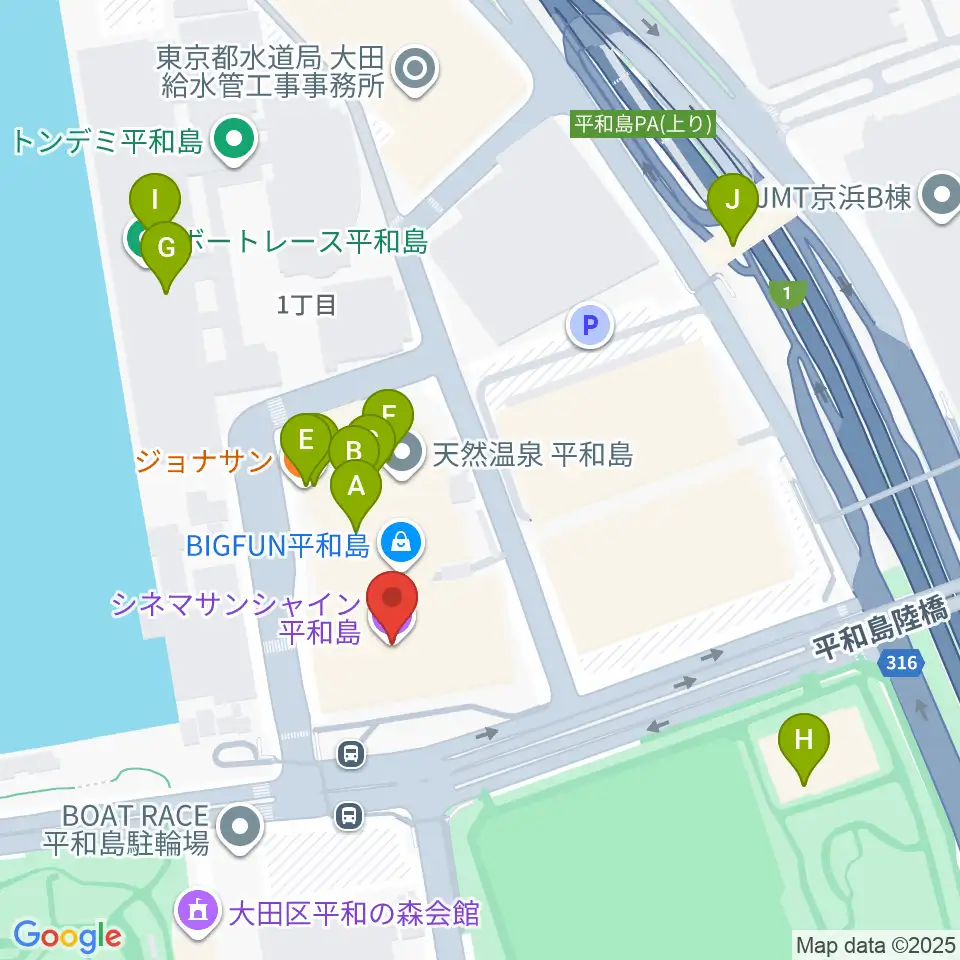 シネマサンシャイン平和島周辺のファミレス・ファーストフード一覧地図