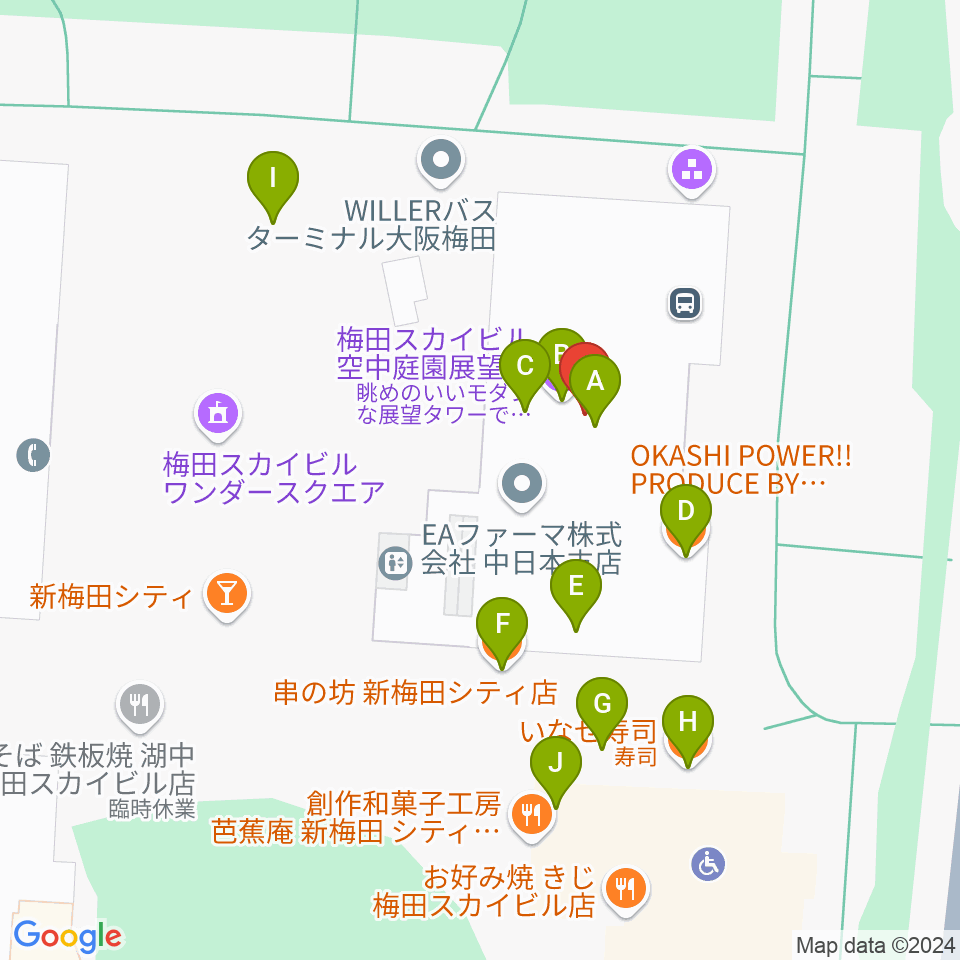 テアトル梅田周辺のファミレス・ファーストフード一覧地図