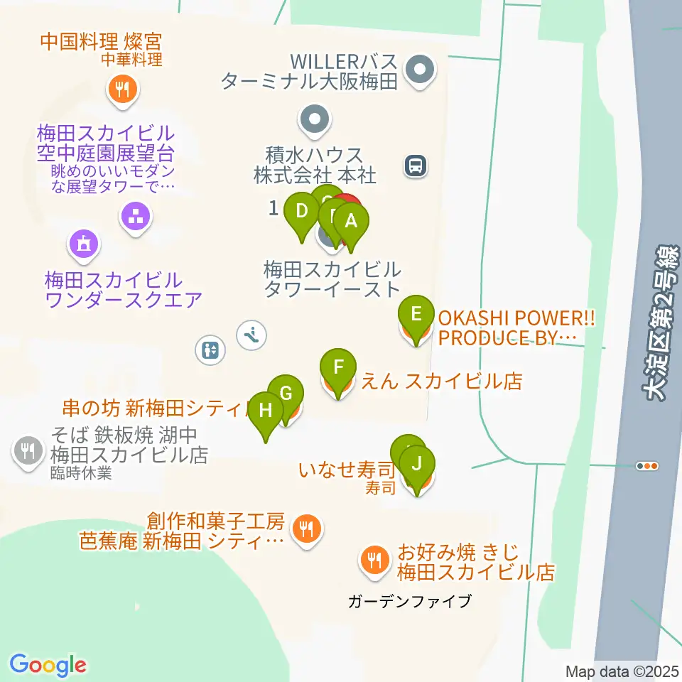 テアトル梅田周辺のファミレス・ファーストフード一覧地図