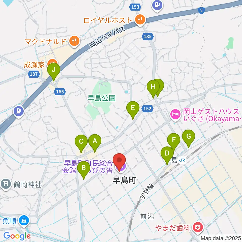 早島町町民総合会館ゆるびの舎周辺のファミレス・ファーストフード一覧地図
