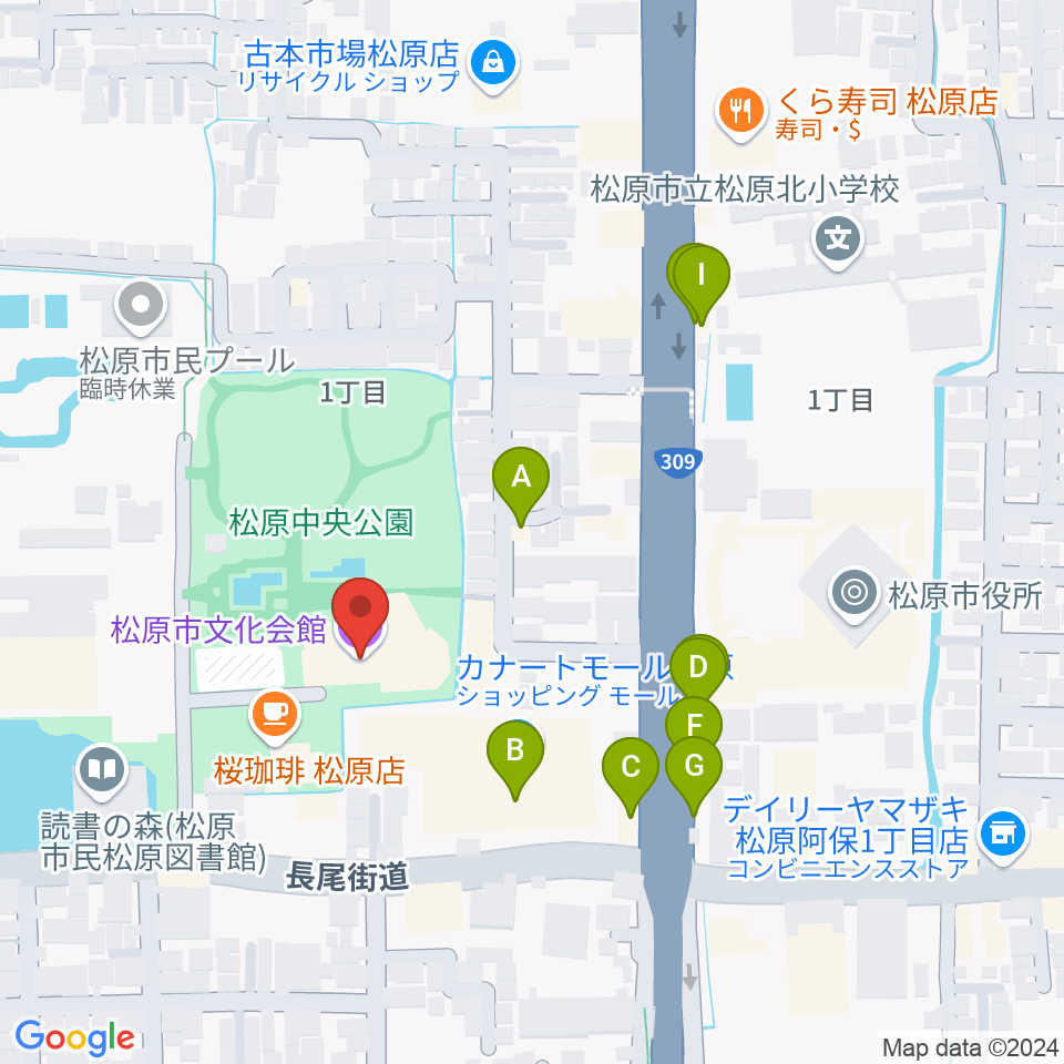 松原市文化会館周辺のファミレス・ファーストフード一覧地図