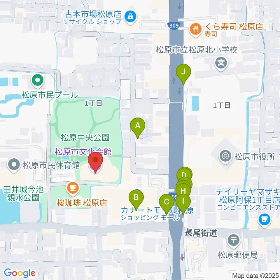 松原市文化会館周辺のファミレス・ファーストフード一覧地図