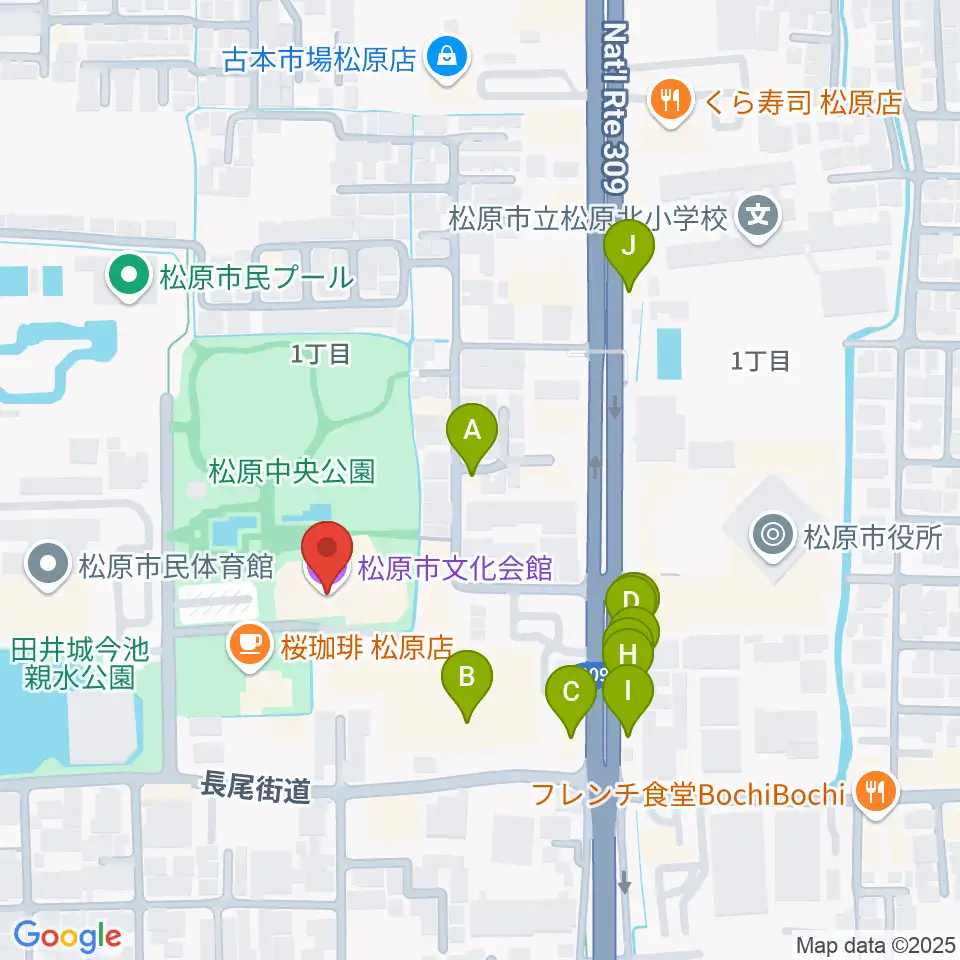 松原市文化会館周辺のファミレス・ファーストフード一覧地図
