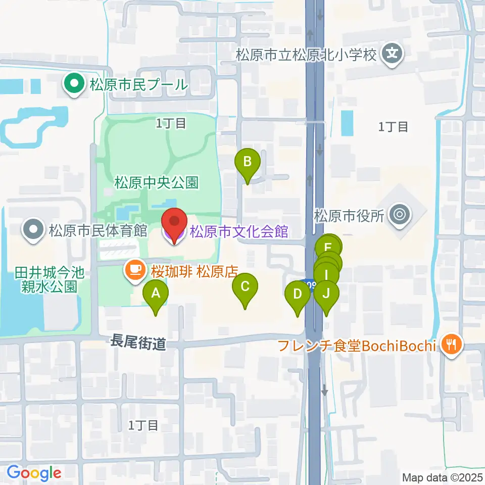 松原市文化会館周辺のファミレス・ファーストフード一覧地図