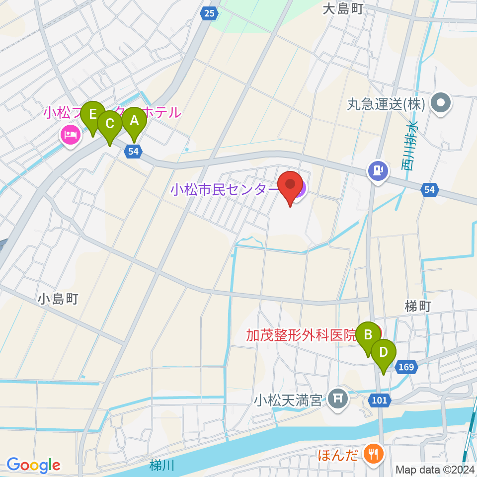 小松市民センター周辺のファミレス・ファーストフード一覧地図