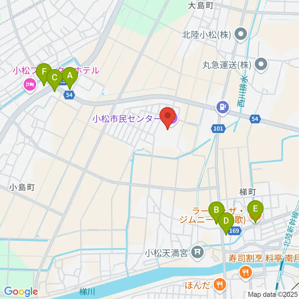 小松市民センター周辺のファミレス・ファーストフード一覧地図