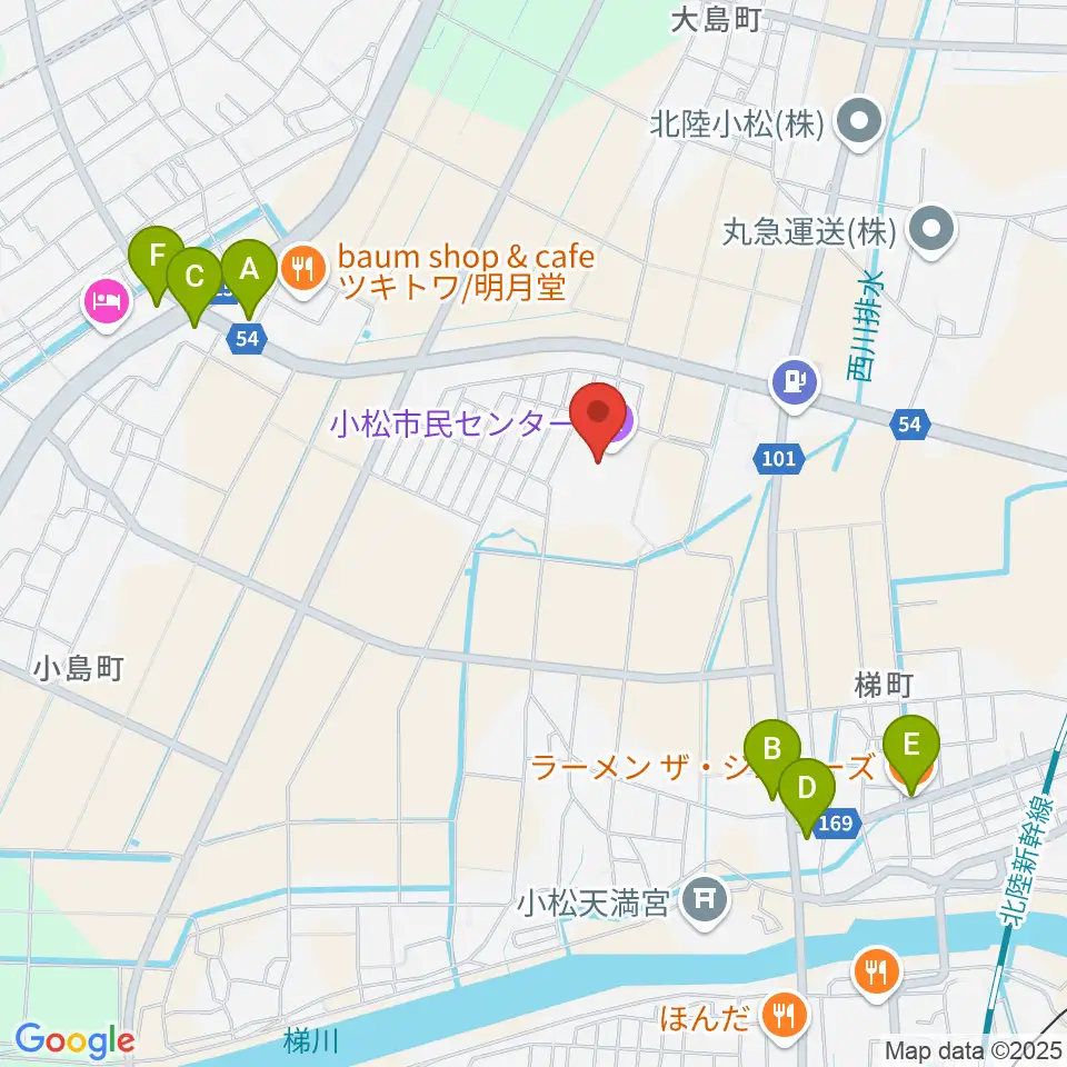 小松市民センター周辺のファミレス・ファーストフード一覧地図