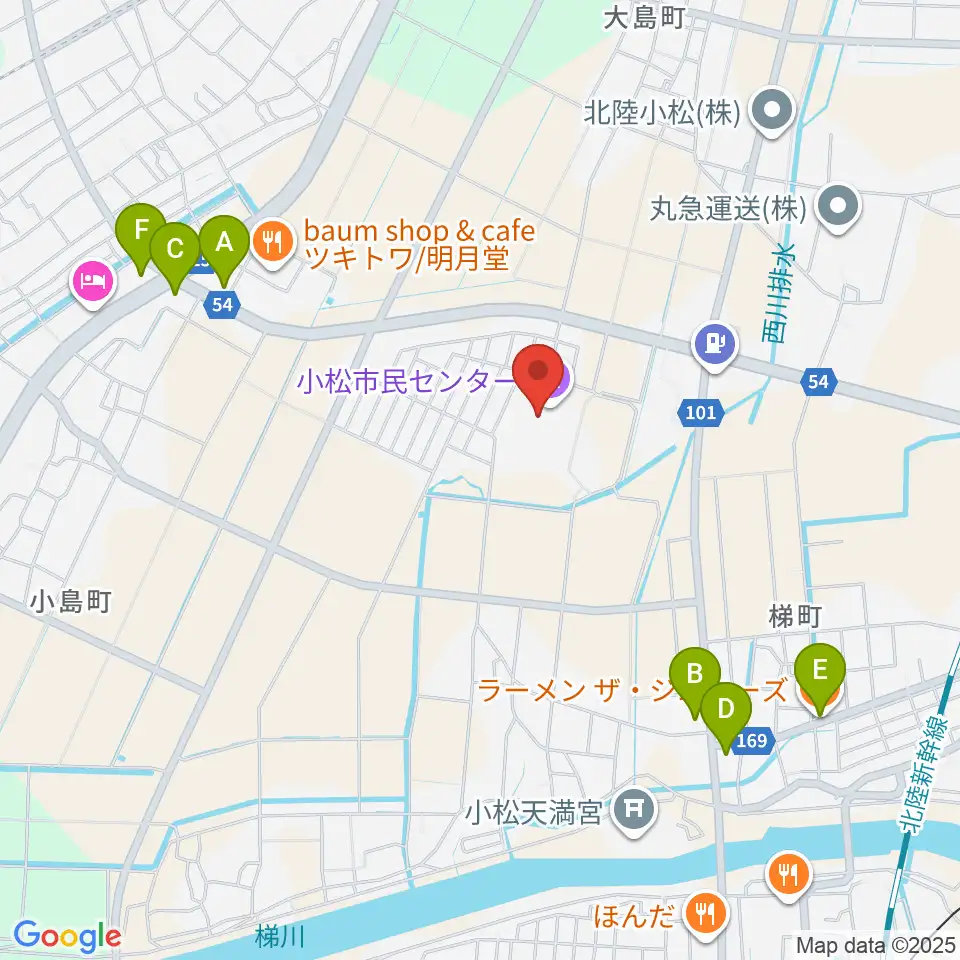 小松市民センター周辺のファミレス・ファーストフード一覧地図