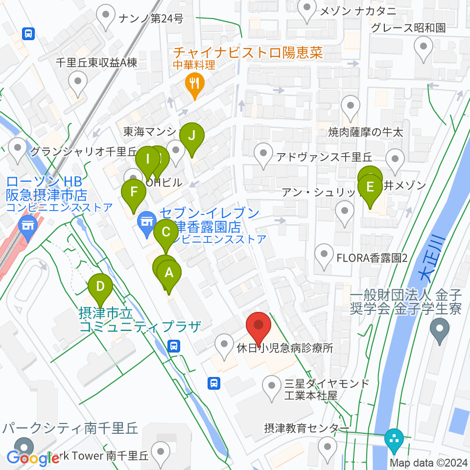 摂津市民文化ホール周辺のファミレス・ファーストフード一覧地図