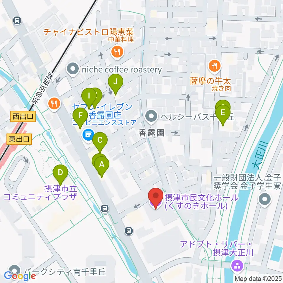 摂津市民文化ホール周辺のファミレス・ファーストフード一覧地図