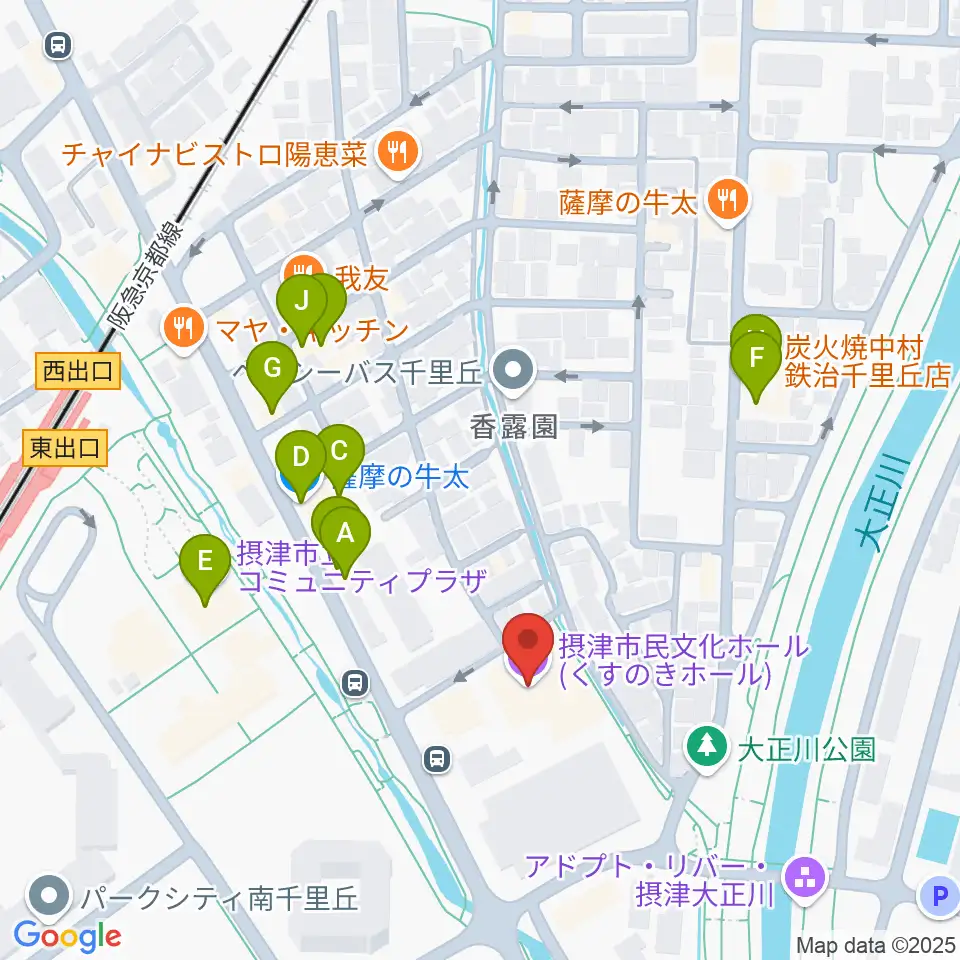 摂津市民文化ホール周辺のファミレス・ファーストフード一覧地図