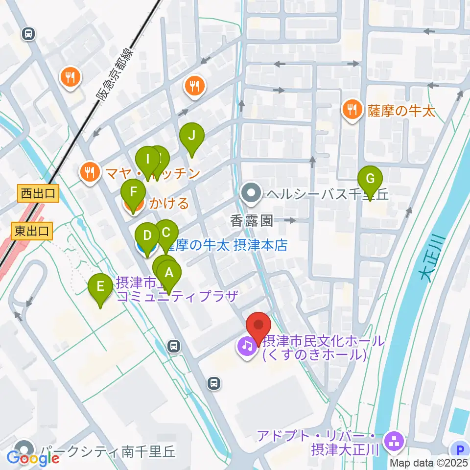 摂津市民文化ホール周辺のファミレス・ファーストフード一覧地図