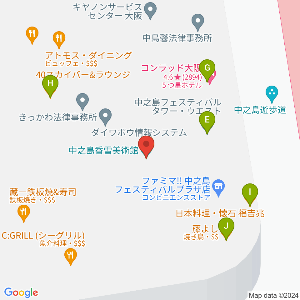 中之島会館周辺のファミレス・ファーストフード一覧地図