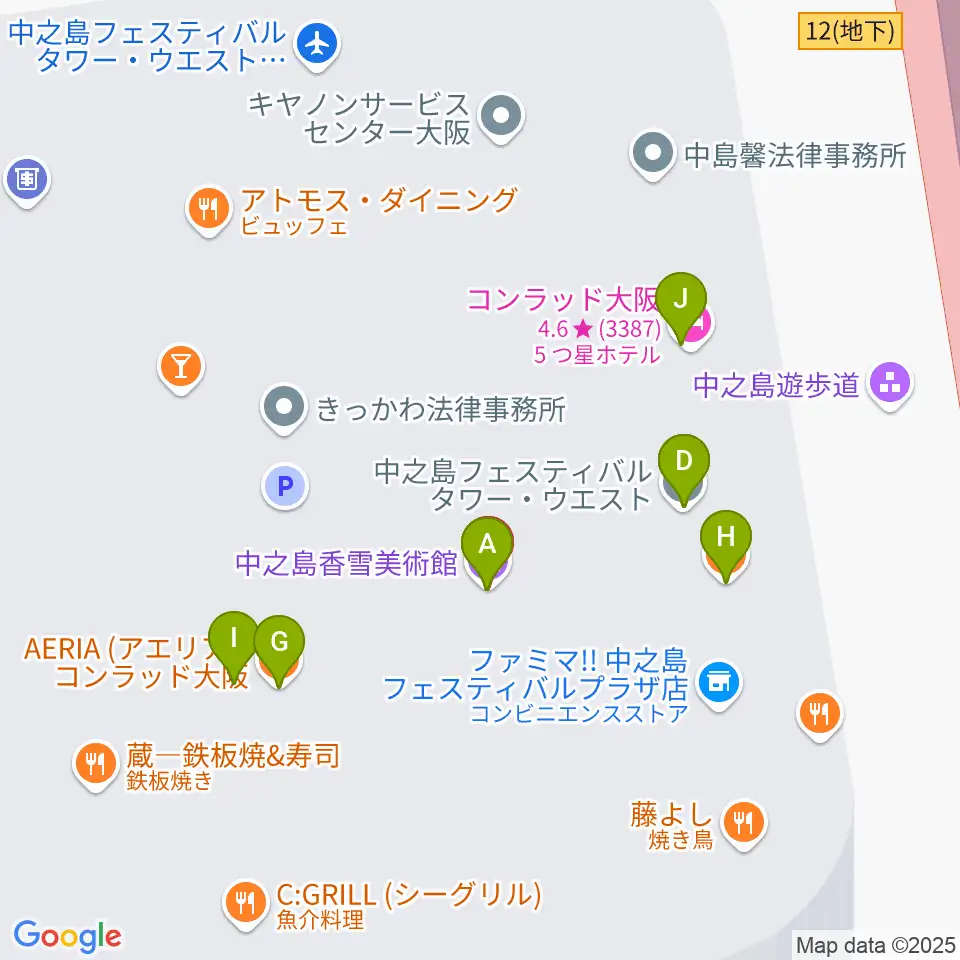 中之島会館周辺のファミレス・ファーストフード一覧地図