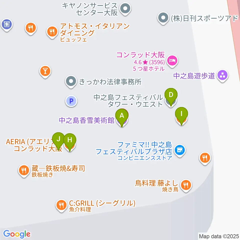 中之島会館周辺のファミレス・ファーストフード一覧地図