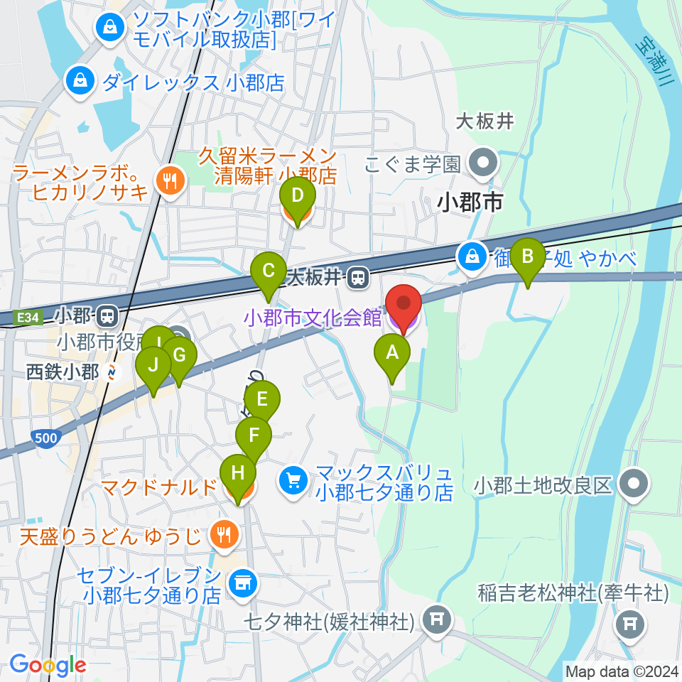 小郡市文化会館周辺のファミレス・ファーストフード一覧地図