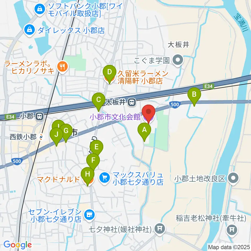 小郡市文化会館周辺のファミレス・ファーストフード一覧地図
