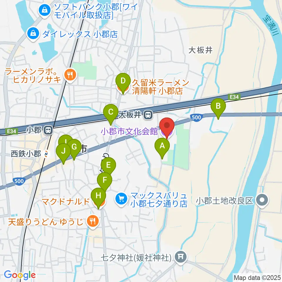 小郡市文化会館周辺のファミレス・ファーストフード一覧地図