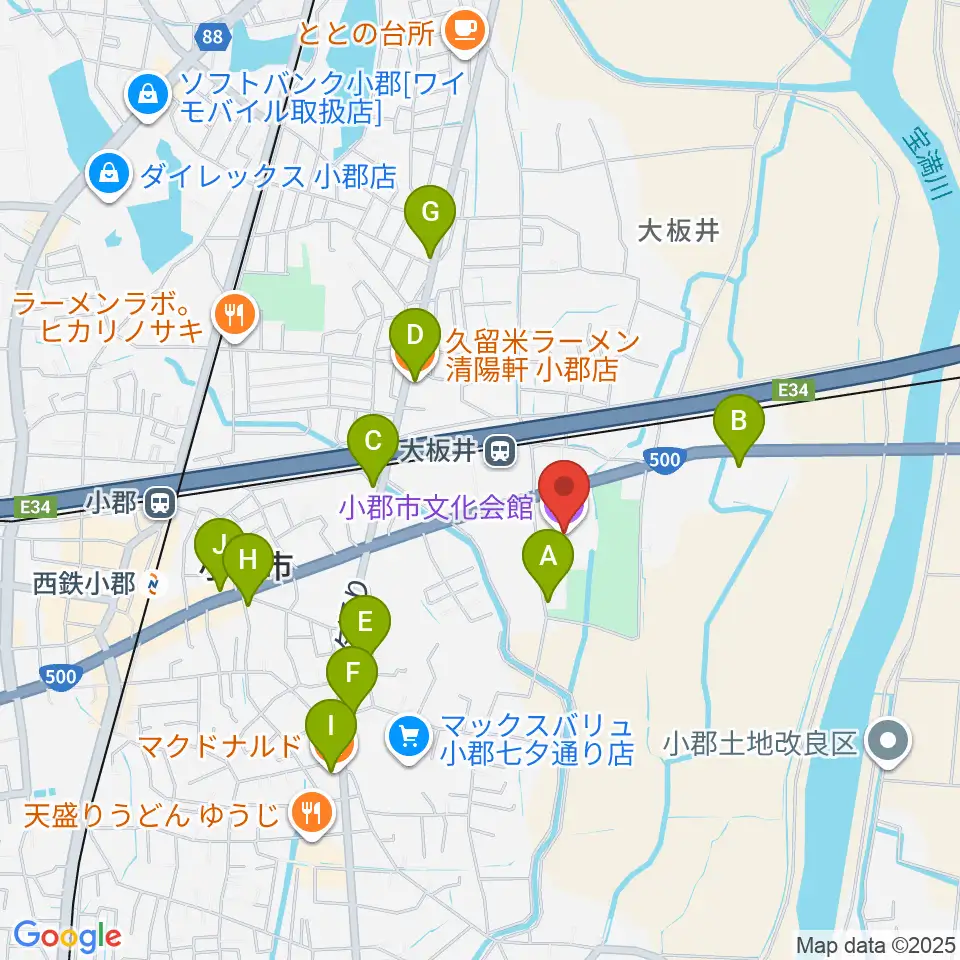 小郡市文化会館周辺のファミレス・ファーストフード一覧地図