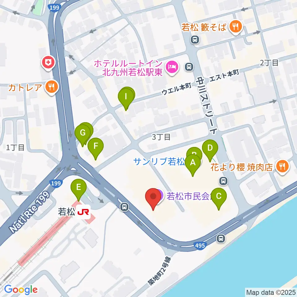 若松市民会館周辺のファミレス・ファーストフード一覧地図
