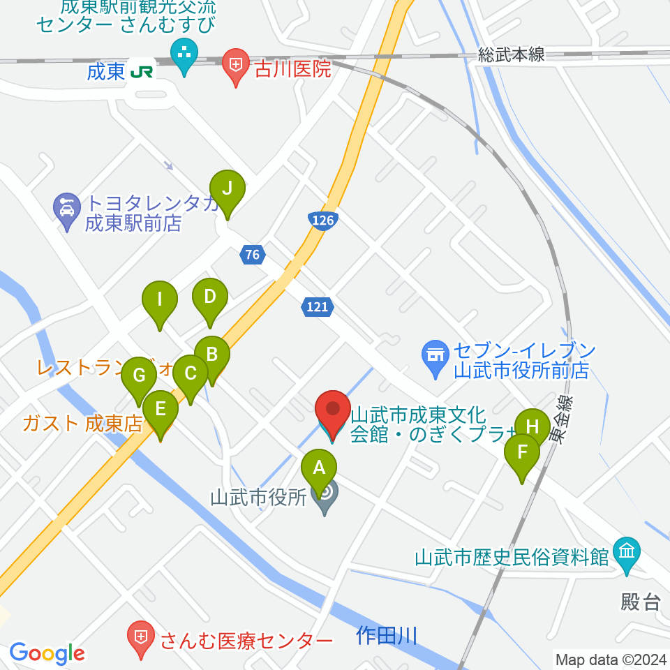 山武市成東文化会館のぎくプラザ周辺のファミレス・ファーストフード一覧地図