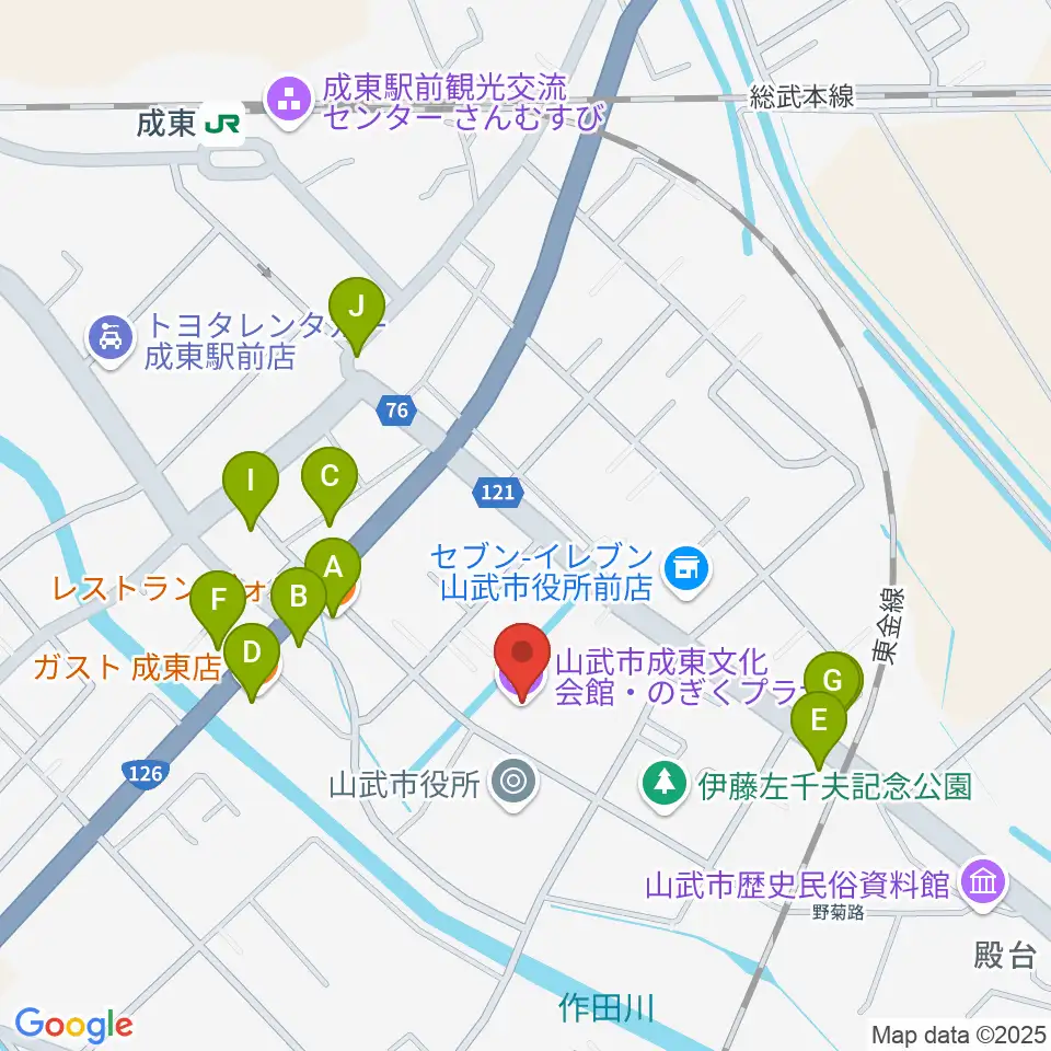 山武市成東文化会館のぎくプラザ周辺のファミレス・ファーストフード一覧地図