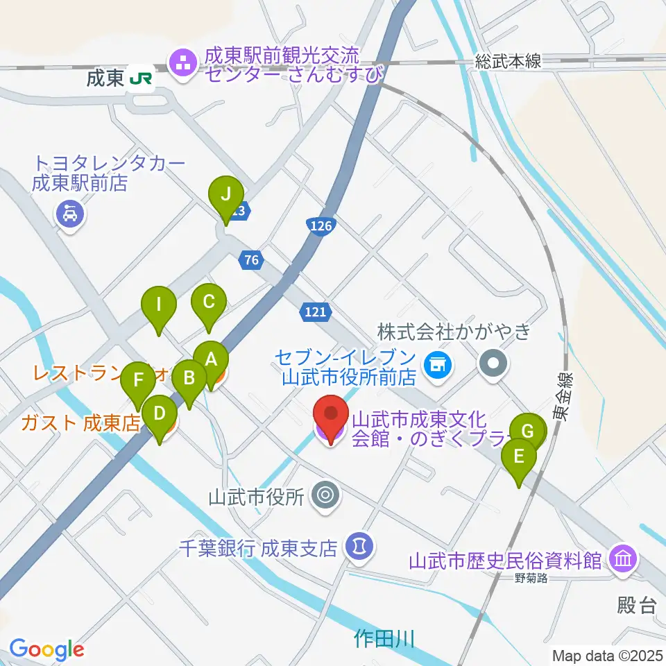 山武市成東文化会館のぎくプラザ周辺のファミレス・ファーストフード一覧地図