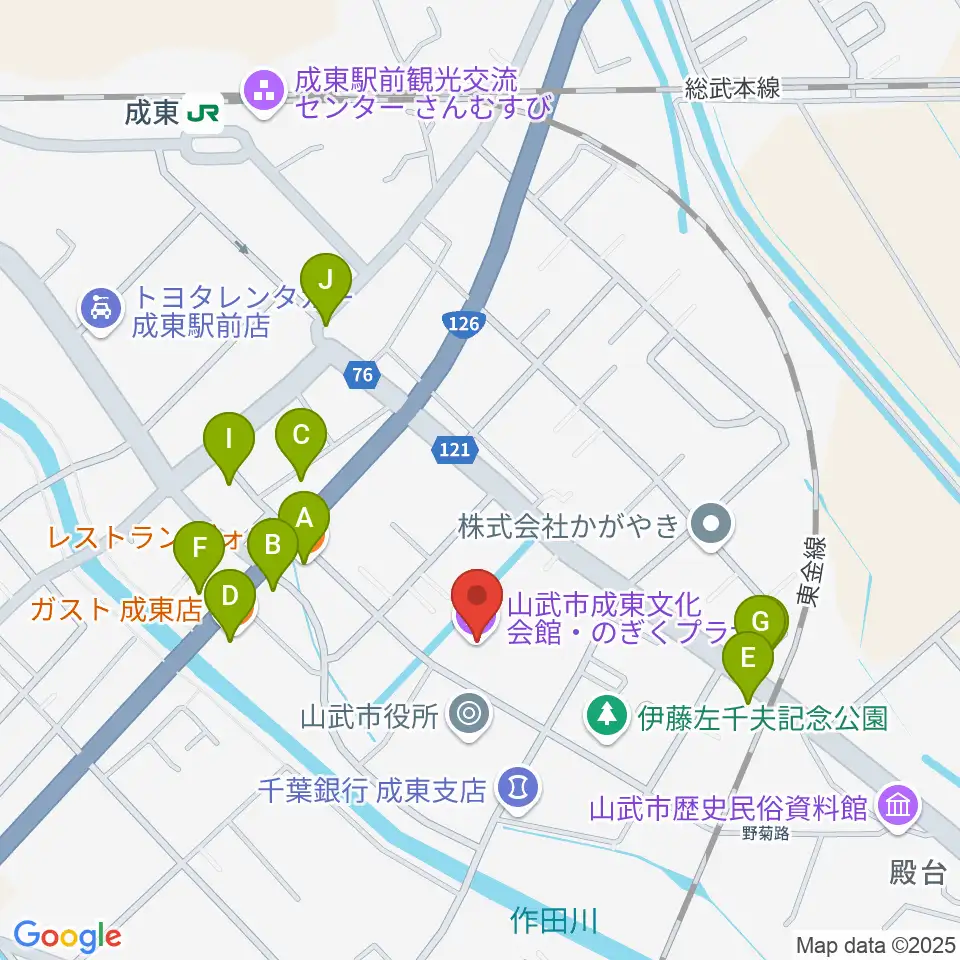山武市成東文化会館のぎくプラザ周辺のファミレス・ファーストフード一覧地図