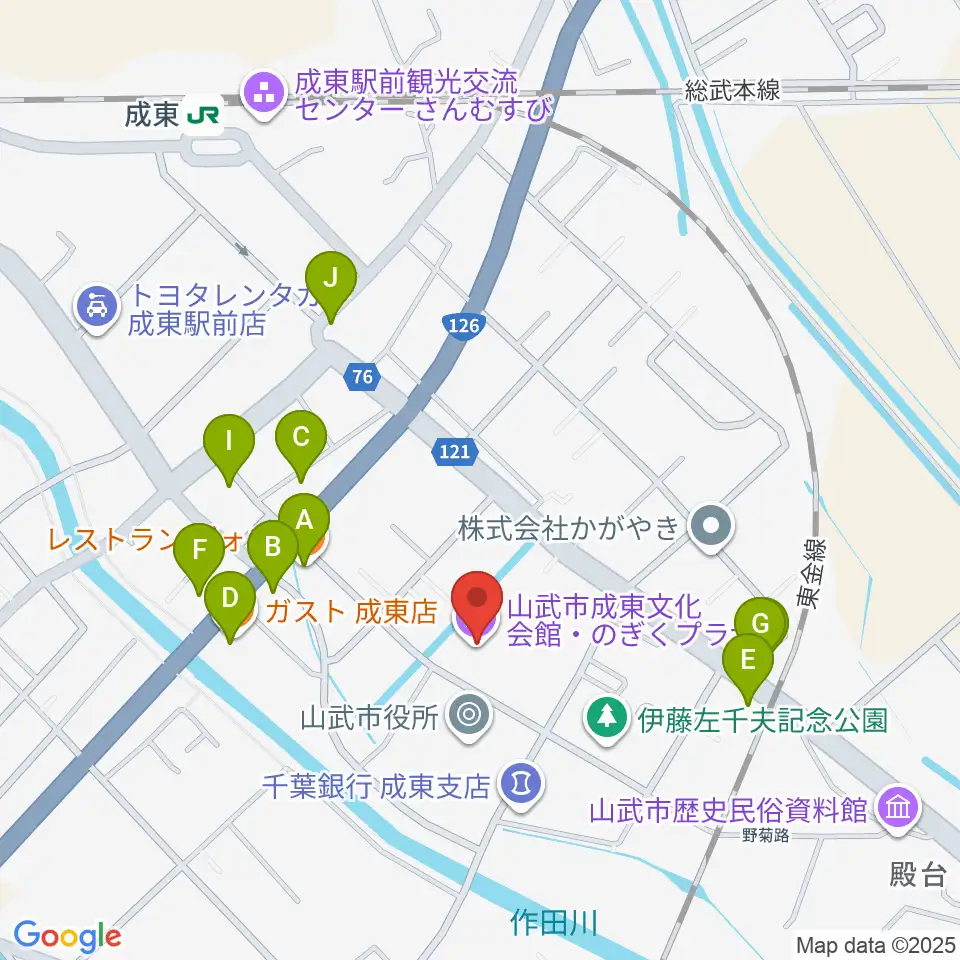 山武市成東文化会館のぎくプラザ周辺のファミレス・ファーストフード一覧地図