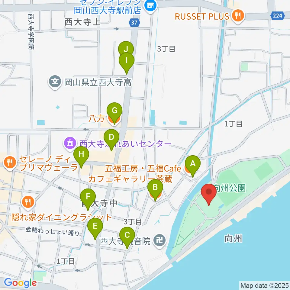 岡山市立西大寺公民館周辺のファミレス・ファーストフード一覧地図