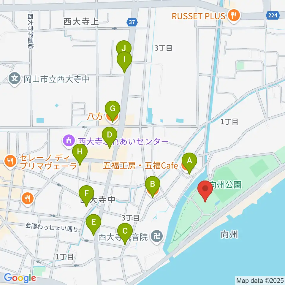 岡山市立西大寺公民館周辺のファミレス・ファーストフード一覧地図