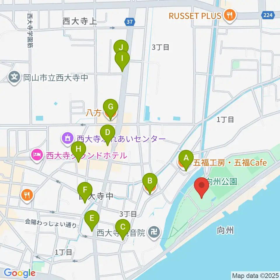 岡山市立西大寺公民館周辺のファミレス・ファーストフード一覧地図