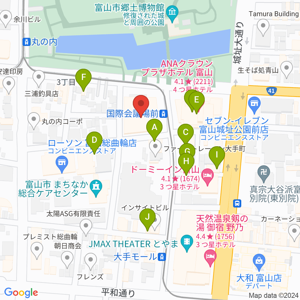 富山国際会議場 大手町フォーラム周辺のファミレス・ファーストフード一覧地図