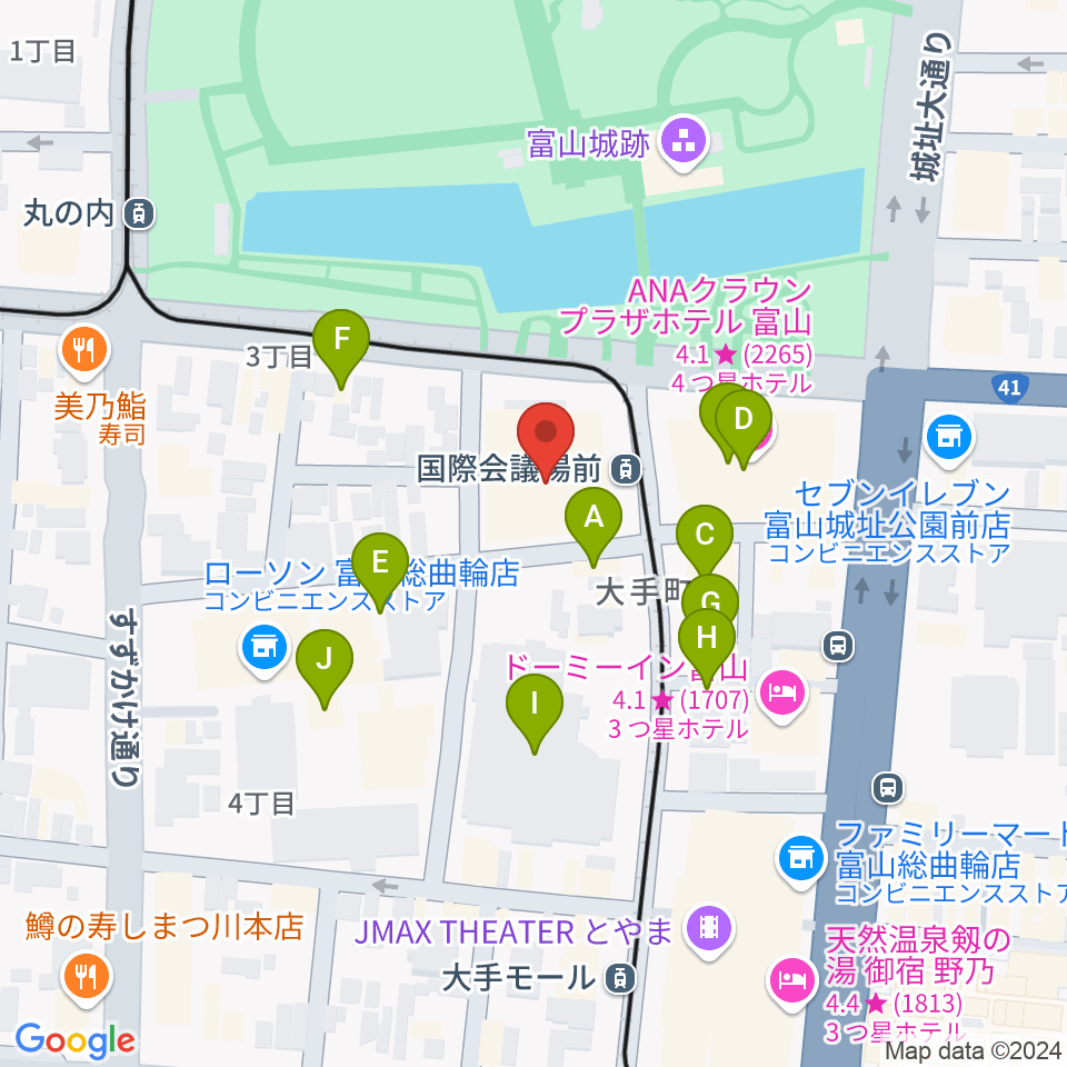 富山国際会議場 大手町フォーラム周辺のファミレス・ファーストフード一覧地図