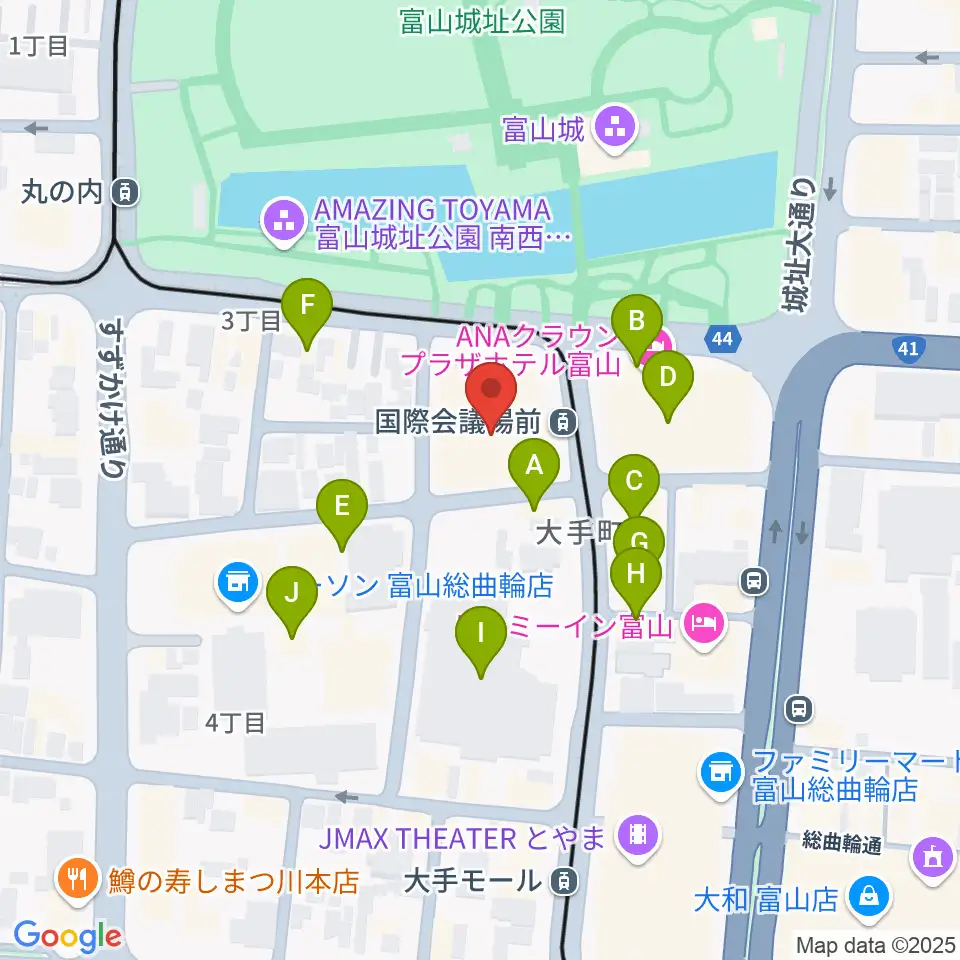 富山国際会議場 大手町フォーラム周辺のファミレス・ファーストフード一覧地図