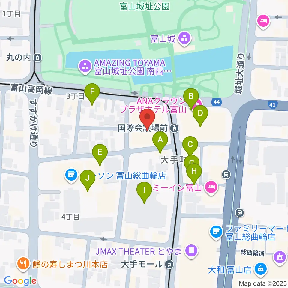富山国際会議場 大手町フォーラム周辺のファミレス・ファーストフード一覧地図