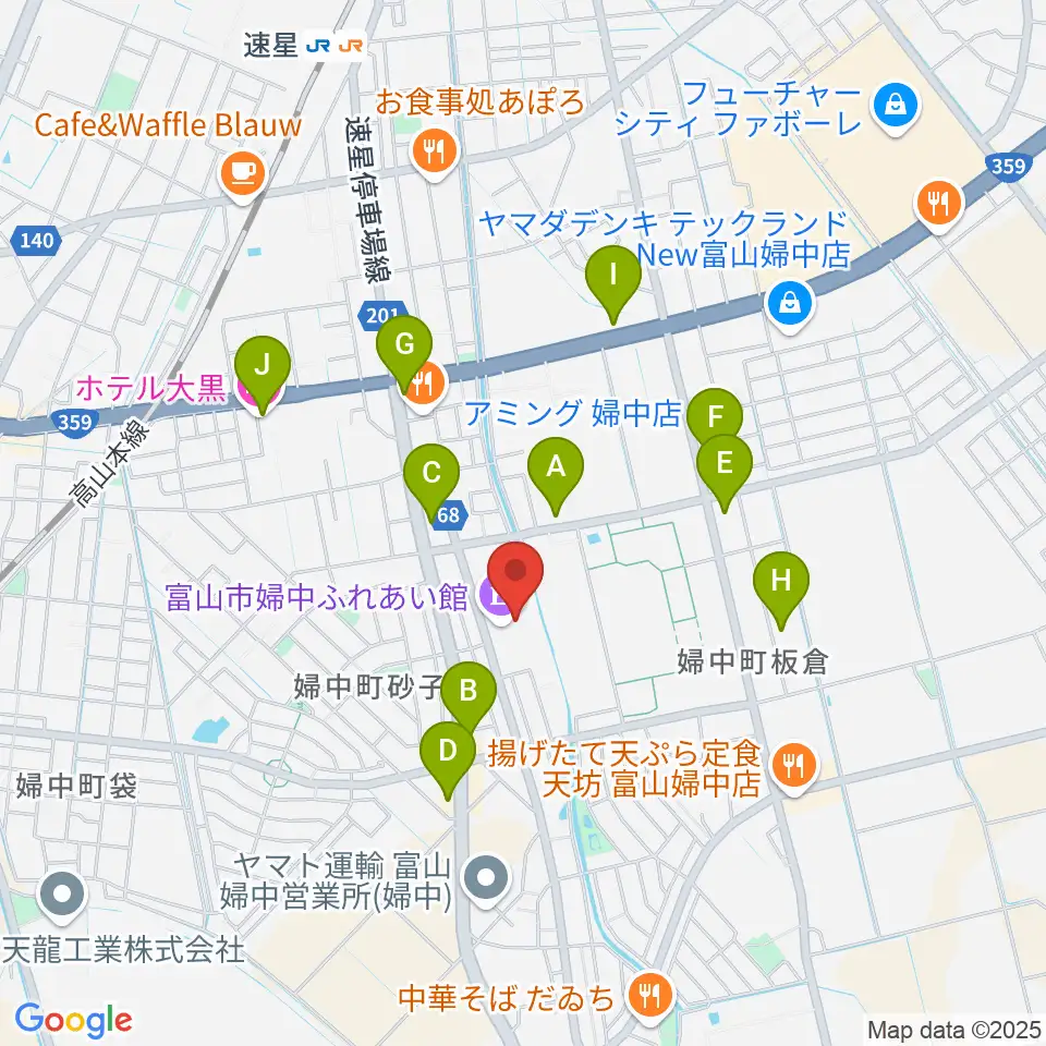 富山市婦中ふれあい館周辺のファミレス・ファーストフード一覧地図